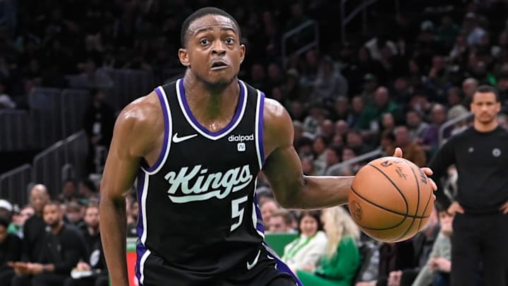 Apr 5, 2024; Boston, Massachusetts, USA; Sacramento Kings guard De'Aaron Fox (5) drives the ball against the Boston Celtics during the second half at TD Garden. Apr 5, 2024; Boston, Massachusetts, USA; Sacramento Kings guard De'Aaron Fox (5) drives the ball against the Boston Celtics during the second half at TD Garden.