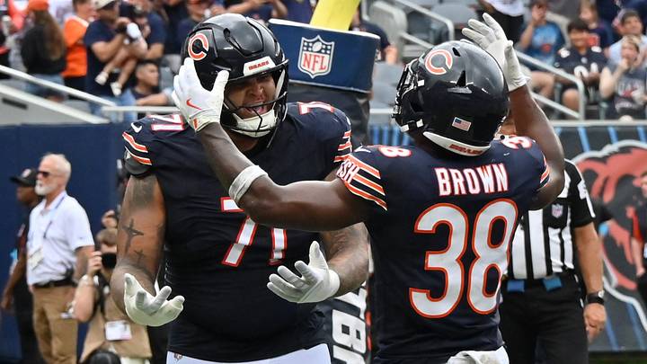 Bears running back Brittain Brown celebrates a touchdown against the Cleveland Browns Saturday with tackle Jedrick Wills Jr. Bears running back Brittain Brown celebrates a touchdown against the Cleveland Browns Saturday with tackle Jedrick Wills Jr.