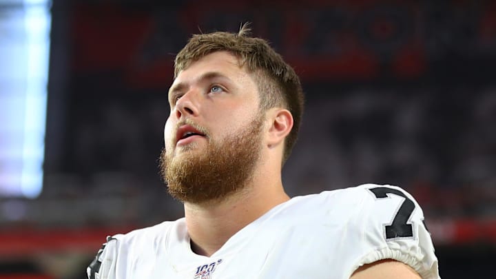 Aug 15, 2019; Glendale, AZ, USA; Oakland Raiders tackle Kolton Miller (74) during a preseason game against the Arizona Cardinals at State Farm Stadium. Mandatory Credit: Mark J. Rebilas-Imagn Images