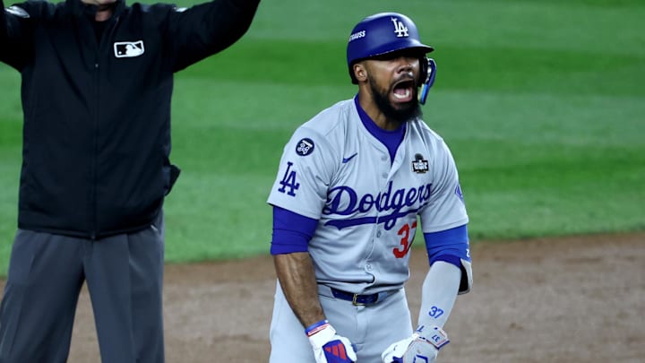 Los Angeles Dodgers outfielder Teoscar Hernandez celebrates after hitting a two-run double against the New York Yankees.