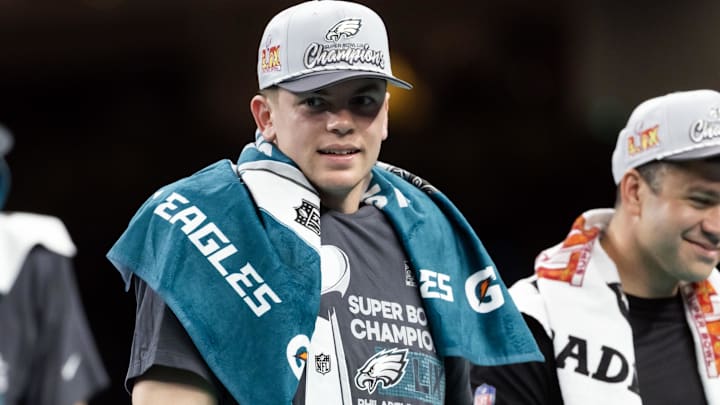 Philadelphia Eagles cornerback Cooper DeJean (33) after defeating the Kansas City Chiefs during Super Bowl LIX at Ceasars Superdome. Philadelphia Eagles cornerback Cooper DeJean (33) after defeating the Kansas City Chiefs during Super Bowl LIX at Ceasars Superdome.