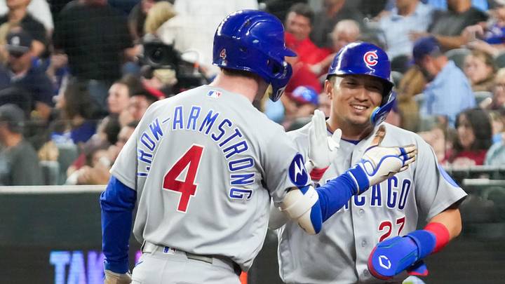 May 8, 2026; Arlington, Texas, USA; Chicago Cubs right fielder Seiya Suzuki (27) slaps the hand of center fielder Pete Crow-Armstrong (4) after scoring during the seventh inning against the Texas Rangers at Globe Life Field. Mandatory Credit: Raymond Carlin III-Imagn Images May 8, 2026; Arlington, Texas, USA; Chicago Cubs right fielder Seiya Suzuki (27) slaps the hand of center fielder Pete Crow-Armstrong (4) after scoring during the seventh inning against the Texas Rangers at Globe Life Field. Mandatory Credit: Raymond Carlin III-Imagn Images