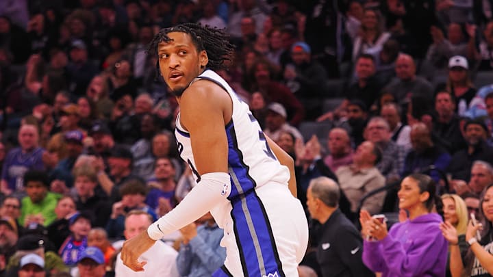 Mar 19, 2025; Sacramento, California, USA; Sacramento Kings forward Isaac Jones (3) looks over his shoulder after scoring a basket against the Cleveland Cavaliers during the second quarter at Golden 1 Center. Mandatory Credit: Kelley L Cox-Imagn Images