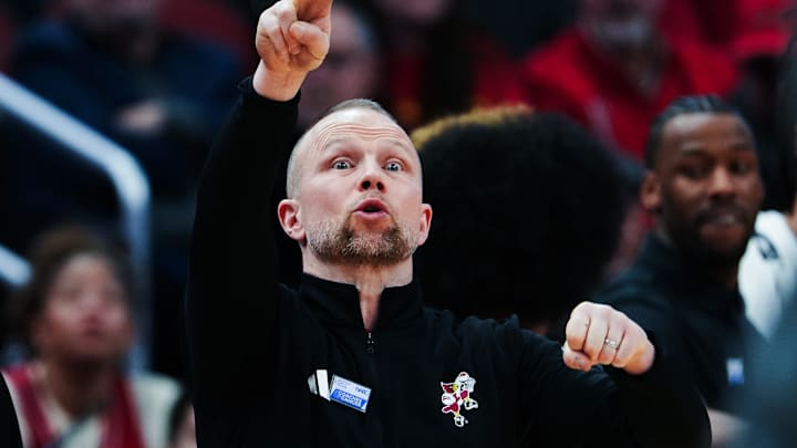 Louisville basketball coach Pat Kelsey instructs his team against Wake Forest during their game at the KFC Yum! Center in Louisville, Ky. on Jan. 28, 2025