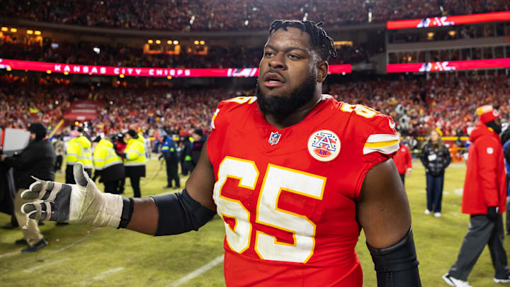 Jan 26, 2025; Kansas City, MO, USA; Kansas City Chiefs guard Trey Smith (65) against the Buffalo Bills in the AFC Championship game at GEHA Field at Arrowhead Stadium. Mandatory Credit: Mark J. Rebilas-Imagn Images