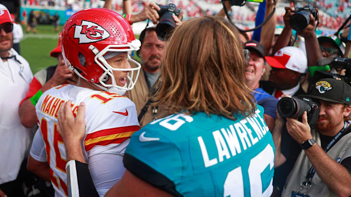 Kansas City Chiefs quarterback Patrick Mahomes (15) says goodbye to Jacksonville Jaguars quarterback Trevor Lawrence (16) after a NFL football game Sunday, Sept. 17, 2023 at EverBank Stadium in Jacksonville, Fla. The Kansas City Chiefs defeated the Jacksonville Jaguars 17-9. [Corey Perrine/Florida Times-Union]