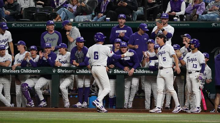 Feb 22, 2025; Arlington, TX, USA; The Arkansas Razorbacks play the TCU Horned Frogs during the Amegy Bank College Baseball Series presented by Kubota Weekend 2 at Globe Life Field. Mandatory Credit: Raymond Carlin III-Imagn Images