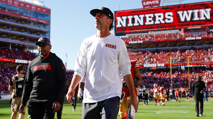 Sep 29, 2024; Santa Clara, California, USA; San Francisco 49ers head coach Kyle Shanahan walks off the field after the game against the New England Patriots at Levi's Stadium. Mandatory Credit: Sergio Estrada-Imagn Images Sep 29, 2024; Santa Clara, California, USA; San Francisco 49ers head coach Kyle Shanahan walks off the field after the game against the New England Patriots at Levi's Stadium. Mandatory Credit: Sergio Estrada-Imagn Images