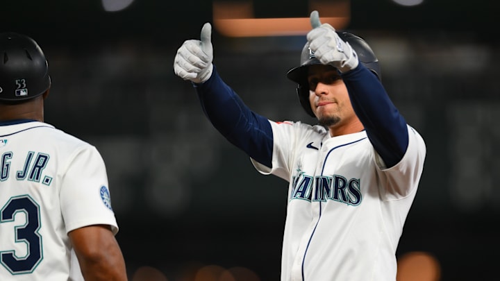 Sep 27, 2025; Seattle, Washington, USA; Seattle Mariners shortstop Leo Rivas (76) celebrates after hitting a single against the Los Angeles Dodgers during the second inning at T-Mobile Park. Mandatory Credit: Steven Bisig-Imagn Images