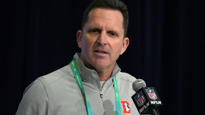 Feb 27, 2024; Indianapolis, IN, USA; Denver Broncos general manager George Paton speaks during a press conference at the NFL Scouting Combine at Indiana Convention Center. Mandatory Credit: Kirby Lee-Imagn Images