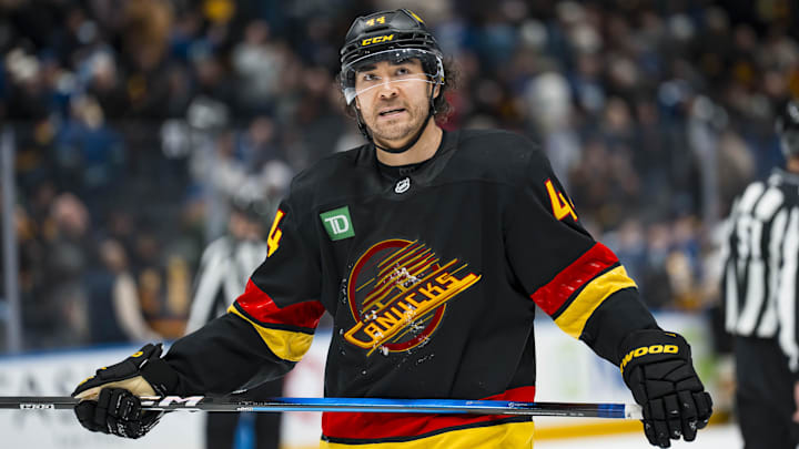 Jan 3, 2026; Vancouver, British Columbia, CAN; Vancouver Canucks forward Kiefer Sherwood (44) reacts to the loss against the Boston Bruins in overtime at Rogers Arena. Mandatory Credit: Bob Frid-Imagn Images