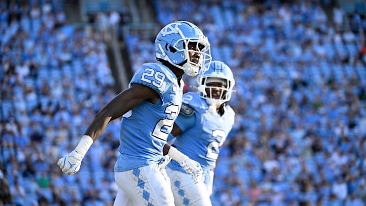 Sep 7, 2024; Chapel Hill, North Carolina, USA; North Carolina Tar Heels defensive back Marcus Allen (29) reacts in the fourth quarter at Kenan Memorial Stadium. Mandatory Credit: Bob Donnan-Imagn Images