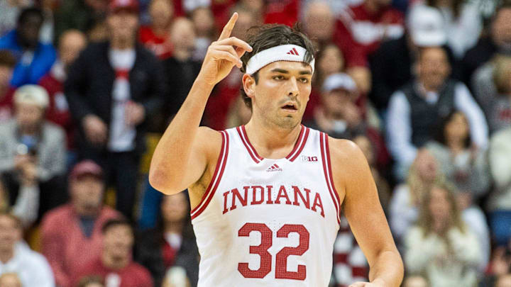 Indiana's Trey Galloway (32) celebrates his three-pointer during the Indiana versus Miami (Ohio) men's basketball game at Simon Skjodt Asseembly Hall on Friday, Dec. 6, 2024.