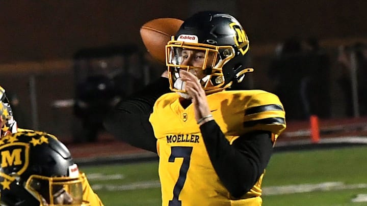 Matt Ponatoski eyes a touchdown pass for Moeller during the OHSAA Division I football regional semifinals Nov. 15, 2024, at Dwire Field in Mason, Ohio.
