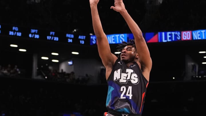 Apr 6, 2024; Brooklyn, New York, USA; Brooklyn Nets shooting guard Cam Thomas (24) shoots a three-point jump shot against the Detroit Pistons during the second half at Barclays Center. Mandatory Credit: Gregory Fisher-USA TODAY Sports