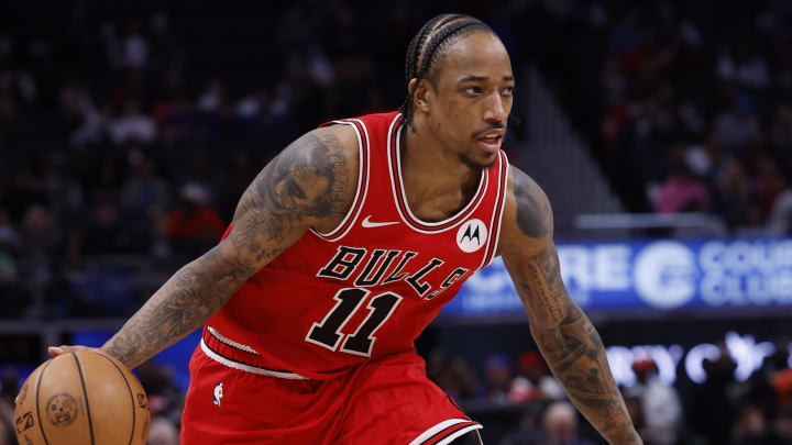 Apr 11, 2024; Detroit, Michigan, USA; Chicago Bulls forward DeMar DeRozan (11) dribbles in the second half against the Detroit Pistons at Little Caesars Arena. Mandatory Credit: Rick Osentoski-USA TODAY Sports Apr 11, 2024; Detroit, Michigan, USA; Chicago Bulls forward DeMar DeRozan (11) dribbles in the second half against the Detroit Pistons at Little Caesars Arena. Mandatory Credit: Rick Osentoski-USA TODAY Sports