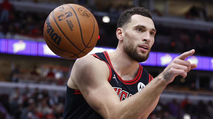 Dec 6, 2024; Chicago, Illinois, USA; Chicago Bulls guard Zach LaVine (8) celebrates after scoring against the Indiana Pacers during the second half at United Center. Mandatory Credit: Kamil Krzaczynski-Imagn Images