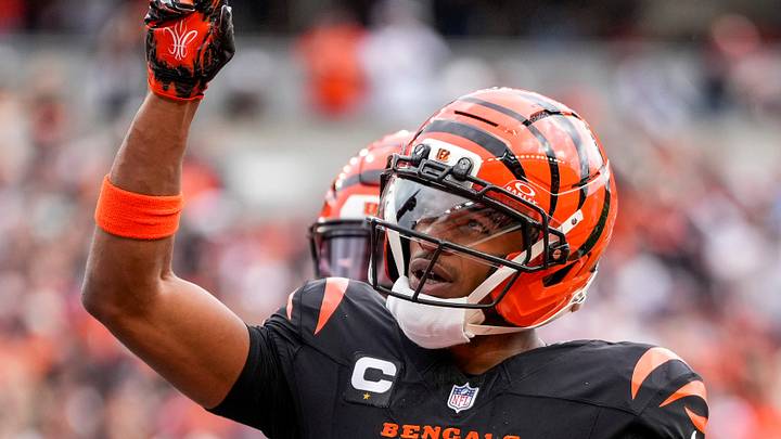 Cincinnati Bengals wide receiver Ja'Marr Chase (1) celebrates a touchdown in the first quarter of the NFL Week 17 game between the Cincinnati Bengals and the Arizona Cardinals at Paycor Stadium in Downtown Cincinnati on Sunday, Dec. 28, 2025. The Bengals led 23-7 at halftime. Cincinnati Bengals wide receiver Ja'Marr Chase (1) celebrates a touchdown in the first quarter of the NFL Week 17 game between the Cincinnati Bengals and the Arizona Cardinals at Paycor Stadium in Downtown Cincinnati on Sunday, Dec. 28, 2025. The Bengals led 23-7 at halftime.