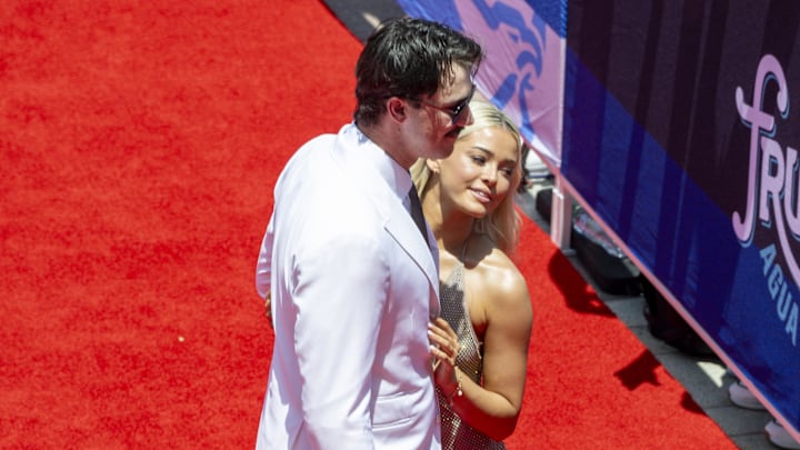 Jul 16, 2024; Arlington, Pittsburgh Pirates pitcher Paul Skenes with his girlfriend LSU gymnast Olivia Dunne before the 2024 MLB All-Star game.