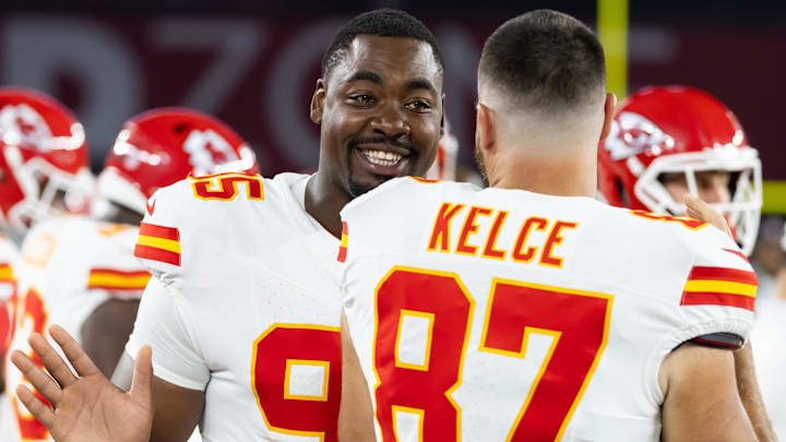 Aug 9, 2025; Glendale, Arizona, USA; Kansas City Chiefs defensive tackle Chris Jones (95) with tight end Travis Kelce (87) against the Arizona Cardinals during a preseason NFL game at State Farm Stadium. Mandatory Credit: Mark J. Rebilas-Imagn Images