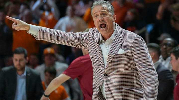 Arkansas head basketball coach John Calipari points during a college basketball game between Tennessee and Arkansas held at Thompson-Boling Arena at Food City Center in Knoxville, Tenn., on Saturday, January 4, 2025. Tennessee won 76-52 against Arkansas.