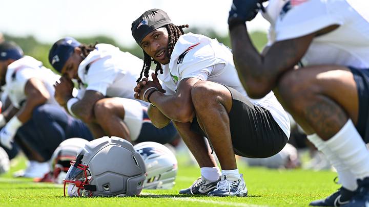 Jul 25, 2026; Foxborough, MA, USA; New England Patriots wide receiver Kyle Williams (18) stretches at training camp at Gillette Stadium. Mandatory Credit: Eric Canha-Imagn Images