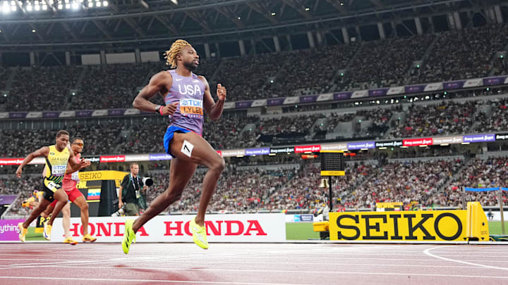 Noah Lyles, seen here in an earlier round, ran to glory in the world 200-meter final Friday.