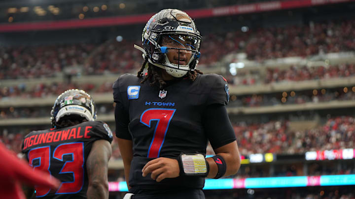 Oct 26, 2025; Houston, Texas, USA; Houston Texans quarterback C.J. Stroud (7) reacts during the second half against the San Francisco 49ers at NRG Stadium. Mandatory Credit: Sean Thomas-Imagn Images