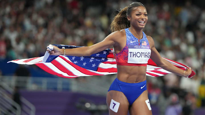 Gabby Thomas celebrates after winning the women's 200m final during the Paris 2024 Olympic Summer Games. Gabby Thomas celebrates after winning the women's 200m final during the Paris 2024 Olympic Summer Games.