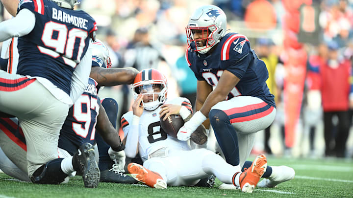 Oct 26, 2025; Foxborough, Massachusetts, USA;  Cleveland Browns quarterback Dillon Gabriel (8) is sacked during the fourth quarter against the New England Patriots at Gillette Stadium. Mandatory Credit: Brian Fluharty-Imagn Images