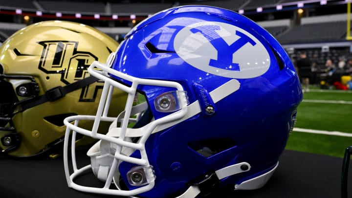 Jul 12, 2023; Arlington, TX, USA; A view of the BYU Cougars helmet and logo during Big 12 football media day at AT&T Stadium. Jul 12, 2023; Arlington, TX, USA; A view of the BYU Cougars helmet and logo during Big 12 football media day at AT&T Stadium.