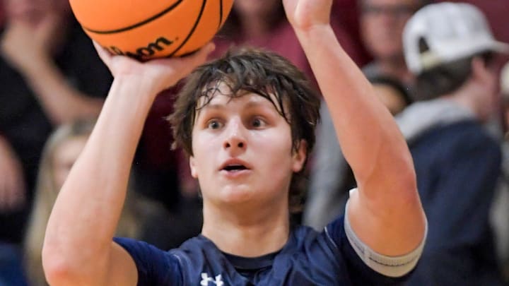 Trinity's Cayson Keller (25) shoots against Alabama Christian in AHSAA Area Tournament action at the Montgomery Academy campus in Montgomery, Ala., on Monday February 5, 2024.