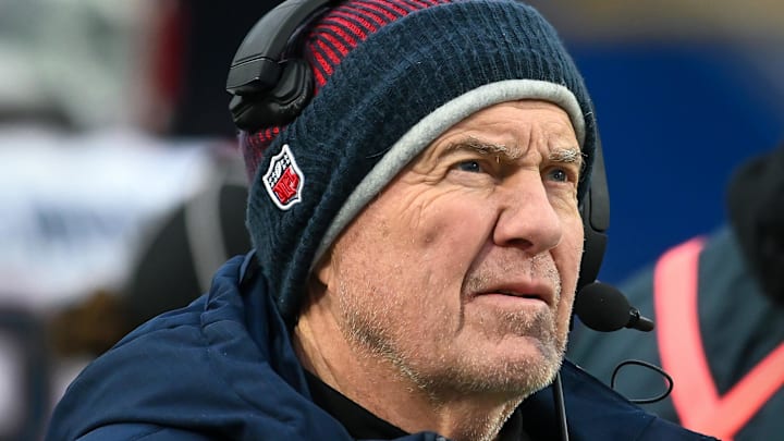 New England Patriots head coach Bill Belichick looks at the scoreboard in the fourth quarter game against the Buffalo Bills at Highmark Stadium.