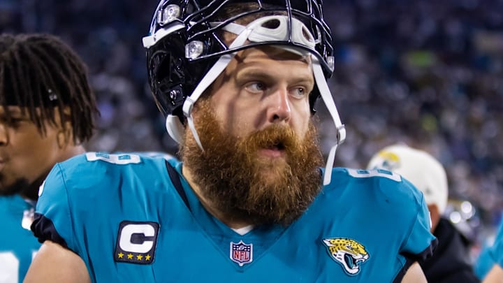 Jan 14, 2023; Jacksonville, Florida, USA; Jacksonville Jaguars guard Brandon Scherff (68) against the Los Angeles Chargers during a wild card playoff game at TIAA Bank Field. Mandatory Credit: Mark J. Rebilas-Imagn Images