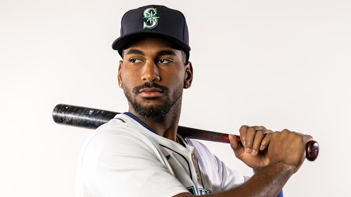 Feb 20, 2025; Peoria, AZ, USA; Seattle Mariners outfielder Lazaro Montes poses for a portrait during media day at Peoria Sports Complex. Mandatory Credit: Mark J. Rebilas-Imagn Images