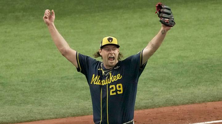 Milwaukee Brewers pitcher Trevor Megill (29) celebrates after winning Game 5 and World Series against the Tampa Bay Rays 4-1 at Tropicana Field in St. Petersburg, Fla. on Oct 28, 2026.
