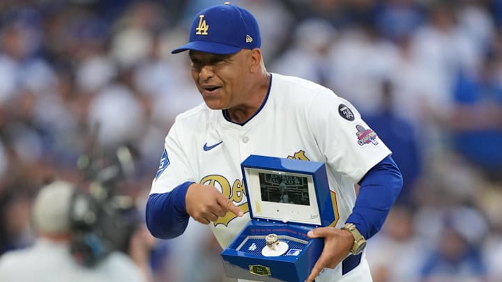 Mar 28, 2025; Los Angeles, California, USA;  Los Angeles Dodgers manager Dave Roberts during the ring ceremony prior to the game against the Detroit Tigers at Dodger Stadium. Mandatory Credit: Kirby Lee-Imagn Images
