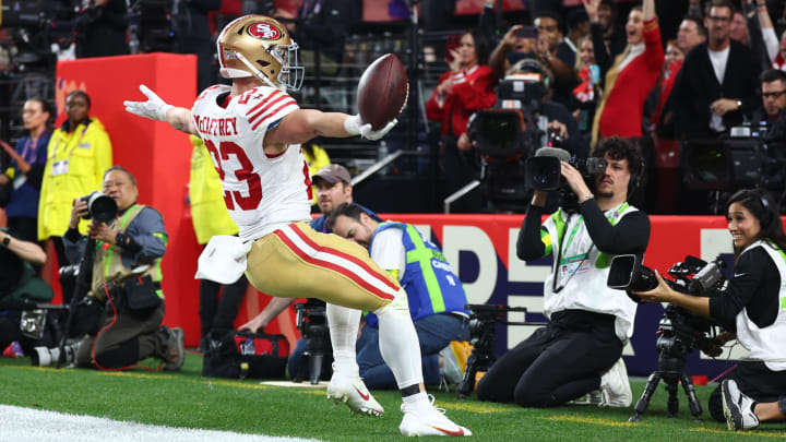 Feb 11, 2024; Paradise, Nevada, USA; San Francisco 49ers running back Christian McCaffrey (23) scores a touchdown in the first half of Super Bowl LVIII at Allegiant Stadium. Mandatory Credit: Mark J. Rebilas-USA TODAY Sports Feb 11, 2024; Paradise, Nevada, USA; San Francisco 49ers running back Christian McCaffrey (23) scores a touchdown in the first half of Super Bowl LVIII at Allegiant Stadium. Mandatory Credit: Mark J. Rebilas-USA TODAY Sports