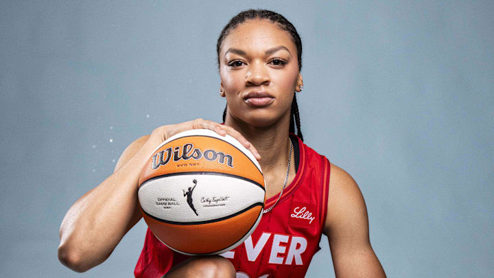 Apr 30, 2025; Indianapolis, IN, USA; Indiana Fever forward Makayla Timpson poses for a photo Wednesday, April 30, 2025, during the Indiana Fever media day at Gainbridge Fieldhouse in Indianapolis. Mandatory Credit: Grace Smith-USA TODAY Network via Imagn Images