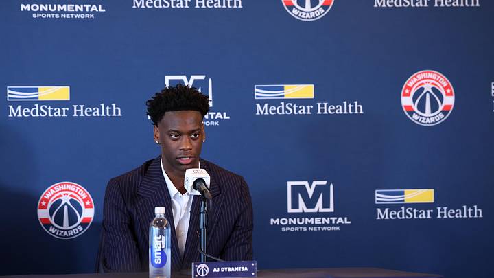 Jun 25, 2026; Washington, DC, USA; Washington Wizards first round draft pick and number one overall pick AJ Dybantsa speaks to the media during a press conference at InterContinental Hotel.
