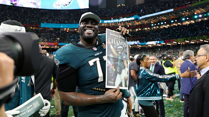 Feb 9, 2025; New Orleans, LA, USA; Philadelphia Eagles offensive tackle Mekhi Becton (77) celebrates after winning Super Bowl LIX at Caesars Superdome. Feb 9, 2025; New Orleans, LA, USA; Philadelphia Eagles offensive tackle Mekhi Becton (77) celebrates after winning Super Bowl LIX at Caesars Superdome.