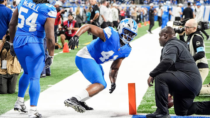 Detroit Lions linebacker James Houston (41) warms up before the game between Detroit Lions and Jacksonville Jaguars at Ford Field in Detroit on Sunday, Nov. 17, 2024.