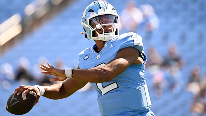 Sep 13, 2025; Chapel Hill, North Carolina, USA; North Carolina Tar Heels quarterback Bryce Baker (2) passes before the game at Kenan Stadium. Mandatory Credit: Bob Donnan-Imagn Images