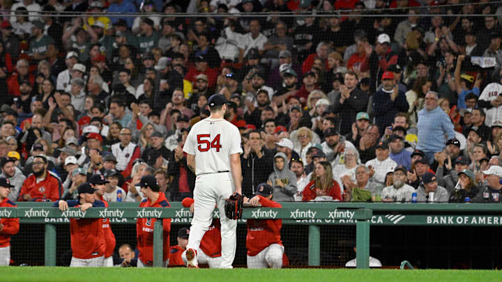 Sep 17, 2025; Boston, Massachusetts, USA; Boston Red Sox starting pitcher Lucas Giolito (54) is relieved of pitching duties during the fifth inning against the Athletics at Fenway Park. Mandatory Credit: Eric Canha-Imagn Images