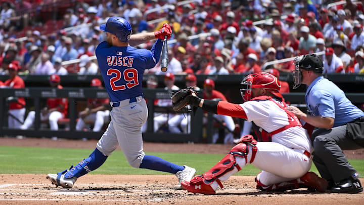 Jun 26, 2025; St. Louis, Missouri, USA;  Chicago Cubs first baseman Michael Busch (29) hits a solo home run against the St. Louis Cardinals during the second inning at Busch Stadium. Mandatory Credit: Jeff Curry-Imagn Images