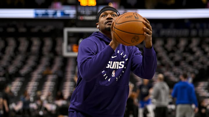 Mar 9, 2025; Dallas, Texas, USA; Phoenix Suns guard Bradley Beal (3) warms up before the game between the Dallas Mavericks and the Phoenix Suns at the American Airlines Center. Mandatory Credit: Jerome Miron-Imagn Images