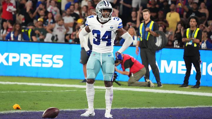 Sep 27, 2026; Rio De Janeiro, BRA; (Editors Notes: Caption Correction) Dallas Cowboys safety Jalen Thompson (34) looks on after being called for a penalty against the Baltimore Ravens at Maracana Stadium. Mandatory Credit: Kirby Lee-Imagn Images Sep 27, 2026; Rio De Janeiro, BRA; (Editors Notes: Caption Correction) Dallas Cowboys safety Jalen Thompson (34) looks on after being called for a penalty against the Baltimore Ravens at Maracana Stadium. Mandatory Credit: Kirby Lee-Imagn Images