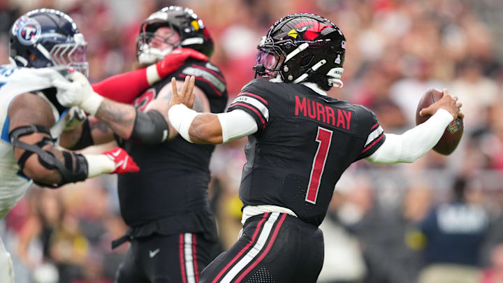 Oct 5, 2025; Glendale, Arizona, USA; Arizona Cardinals quarterback Kyler Murray (1) makes a throw during the third quarter against the Tennessee Titans at State Farm Stadium. Mandatory Credit: Joe Camporeale-Imagn Images