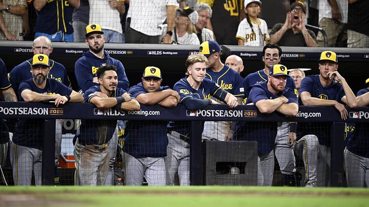 Oct 6, 2026; San Diego, California, USA; Milwaukee Brewers players look on from the dugout during the ninth inning against the San Diego Padres in game three of the NLDS for the 2026 MLB Playoffs at Petco Park. Mandatory Credit: Denis Poroy-Imagn Images Oct 6, 2026; San Diego, California, USA; Milwaukee Brewers players look on from the dugout during the ninth inning against the San Diego Padres in game three of the NLDS for the 2026 MLB Playoffs at Petco Park. Mandatory Credit: Denis Poroy-Imagn Images