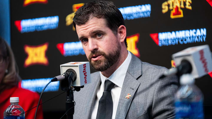Jimmy Rogers speaks during his introductory press conference as Iowa State’s new head football coach on Dec. 8, 2025, at Iowa State University in Ames, IA.